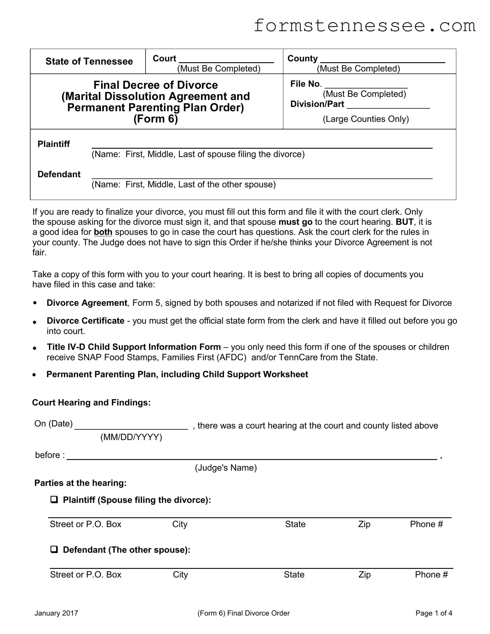 Blank Final Divorce Order Tennessee Template