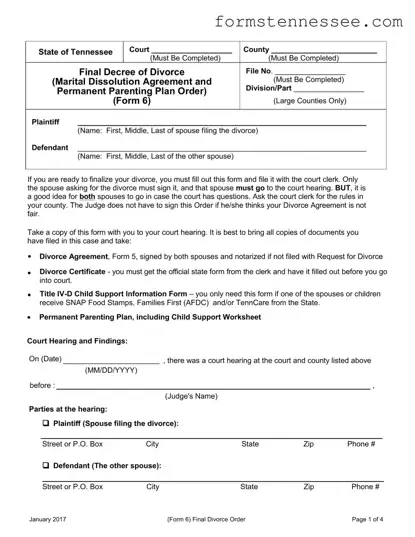 Blank Final Divorce Order Tennessee Template