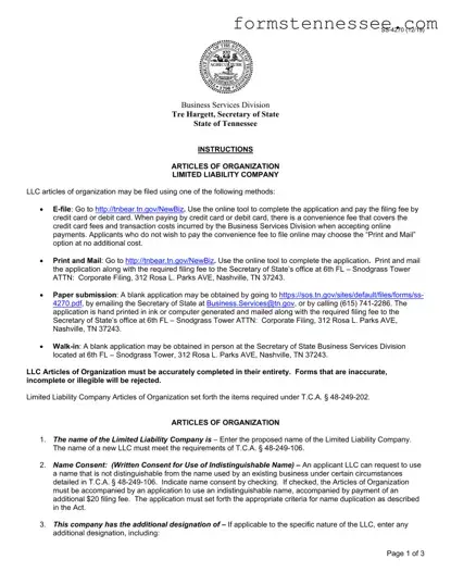 Blank Tennessee Articles Organization Template