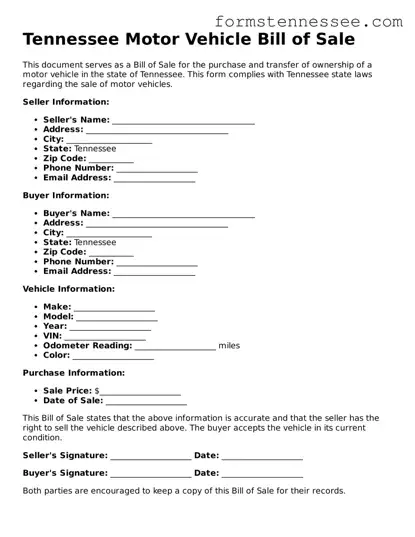 Legal Tennessee Motor Vehicle Bill of Sale Template