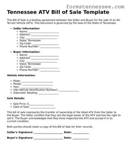 Legal Tennessee ATV Bill of Sale Template