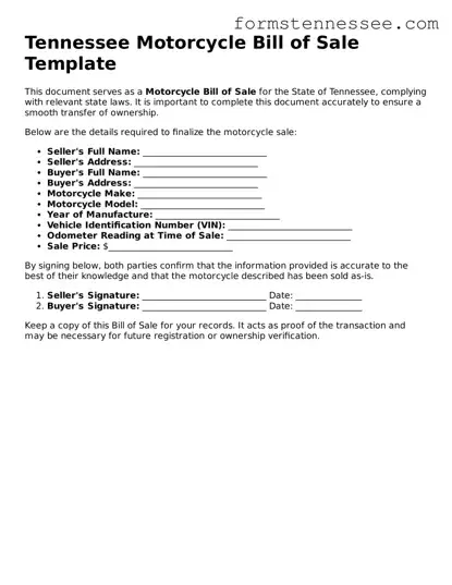 Legal Tennessee Motorcycle Bill of Sale Template