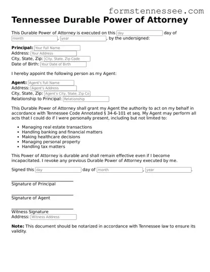 Legal Tennessee Durable Power of Attorney Template