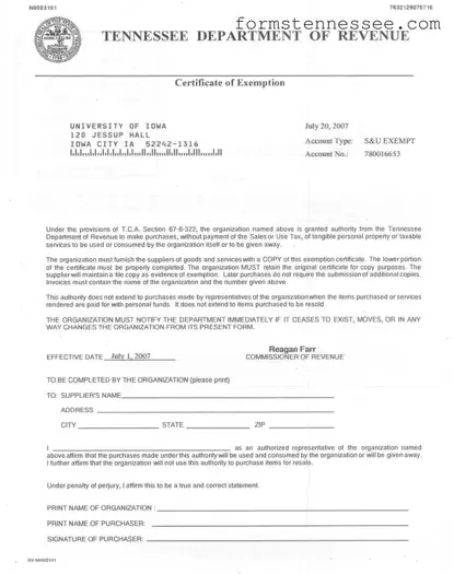 Blank Tennessee Exemption Certificate Template