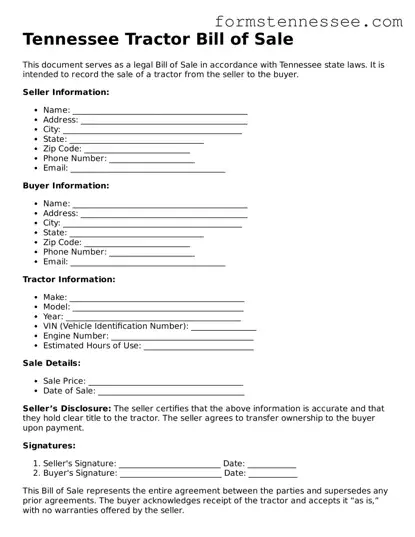 Legal Tennessee Tractor Bill of Sale Template