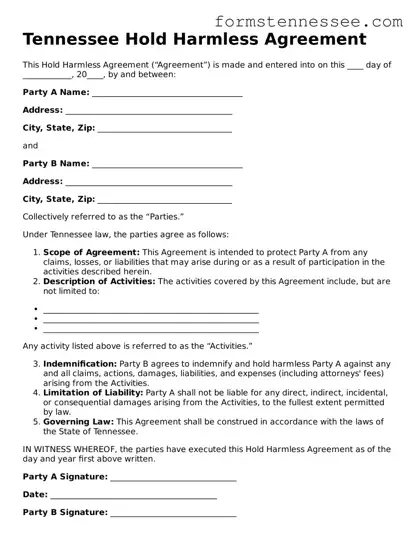 Legal Tennessee Hold Harmless Agreement Template