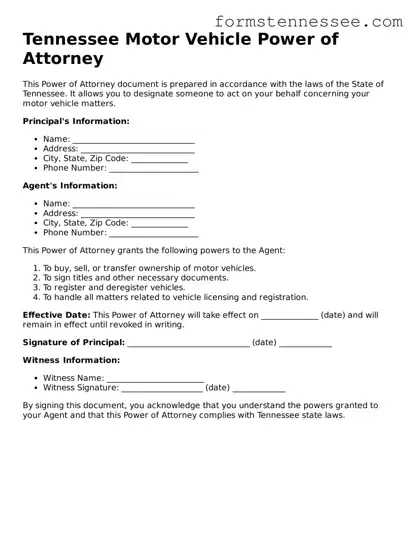 Legal Tennessee Motor Vehicle Power of Attorney Template