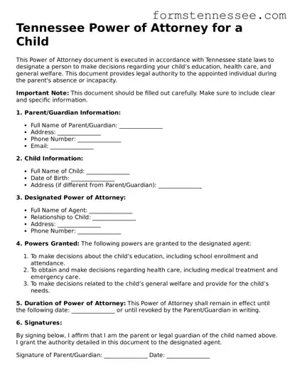 Legal Tennessee Power of Attorney for a Child Template