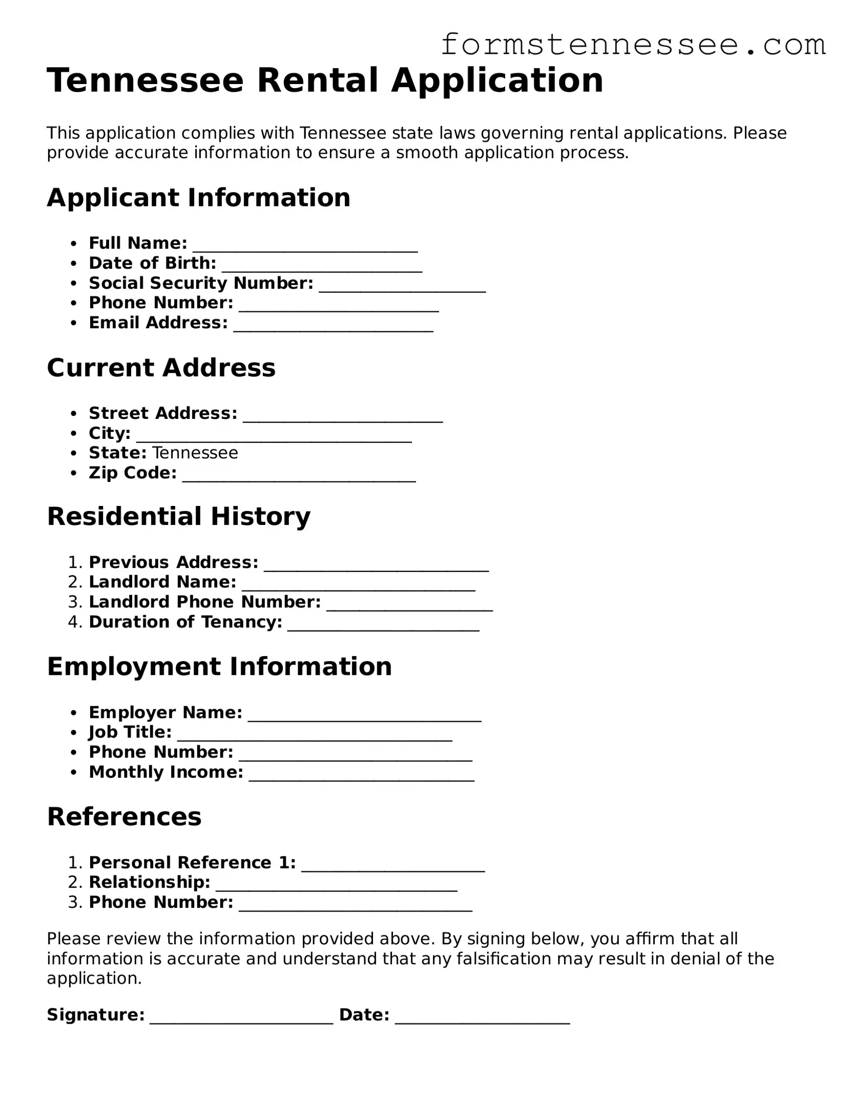 Legal Tennessee Rental Application Template