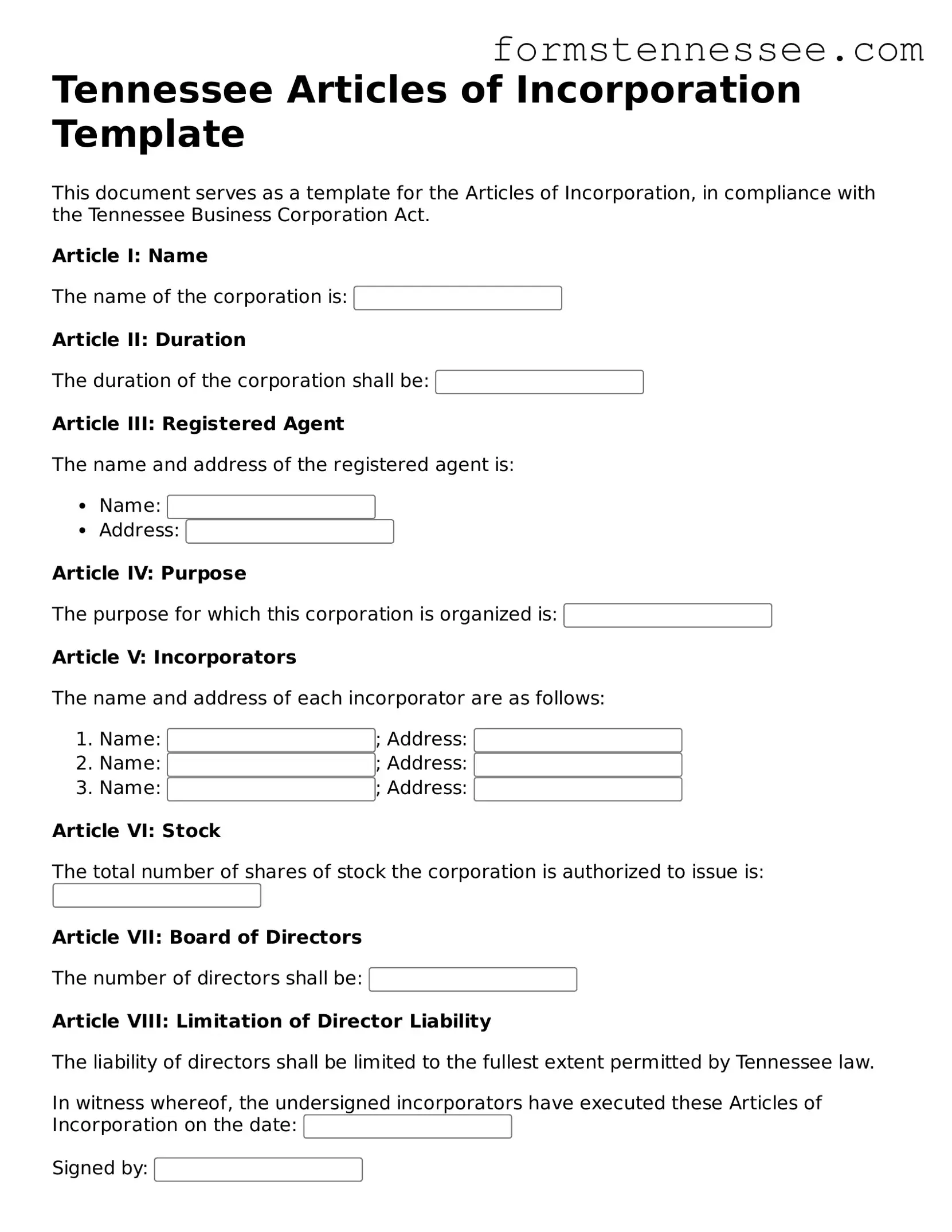 Legal Tennessee Articles of Incorporation Template
