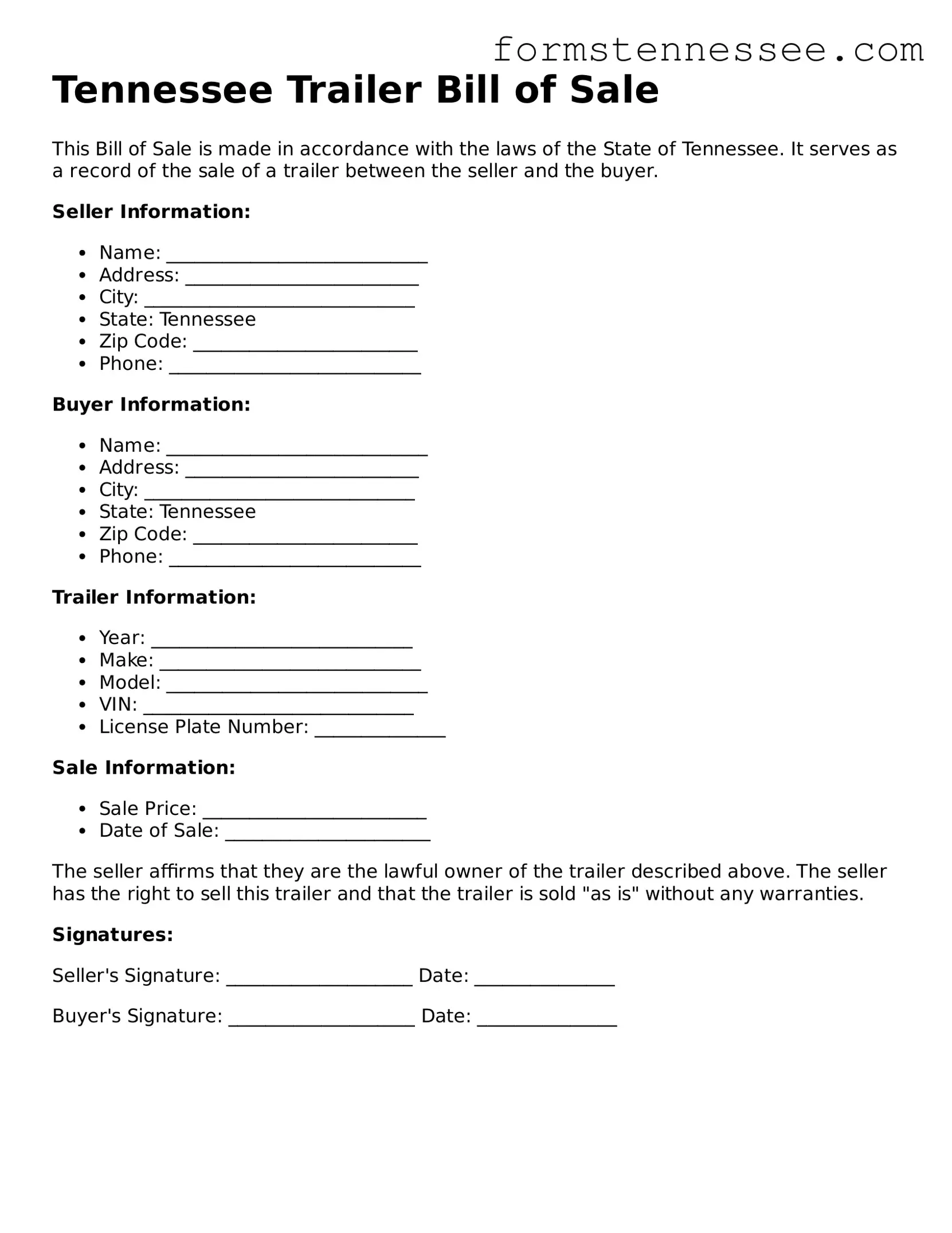 Legal Tennessee Trailer Bill of Sale Template