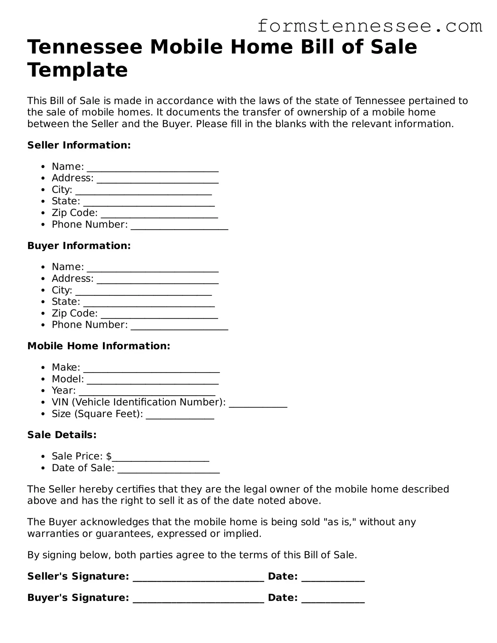 Legal Tennessee Mobile Home Bill of Sale Template