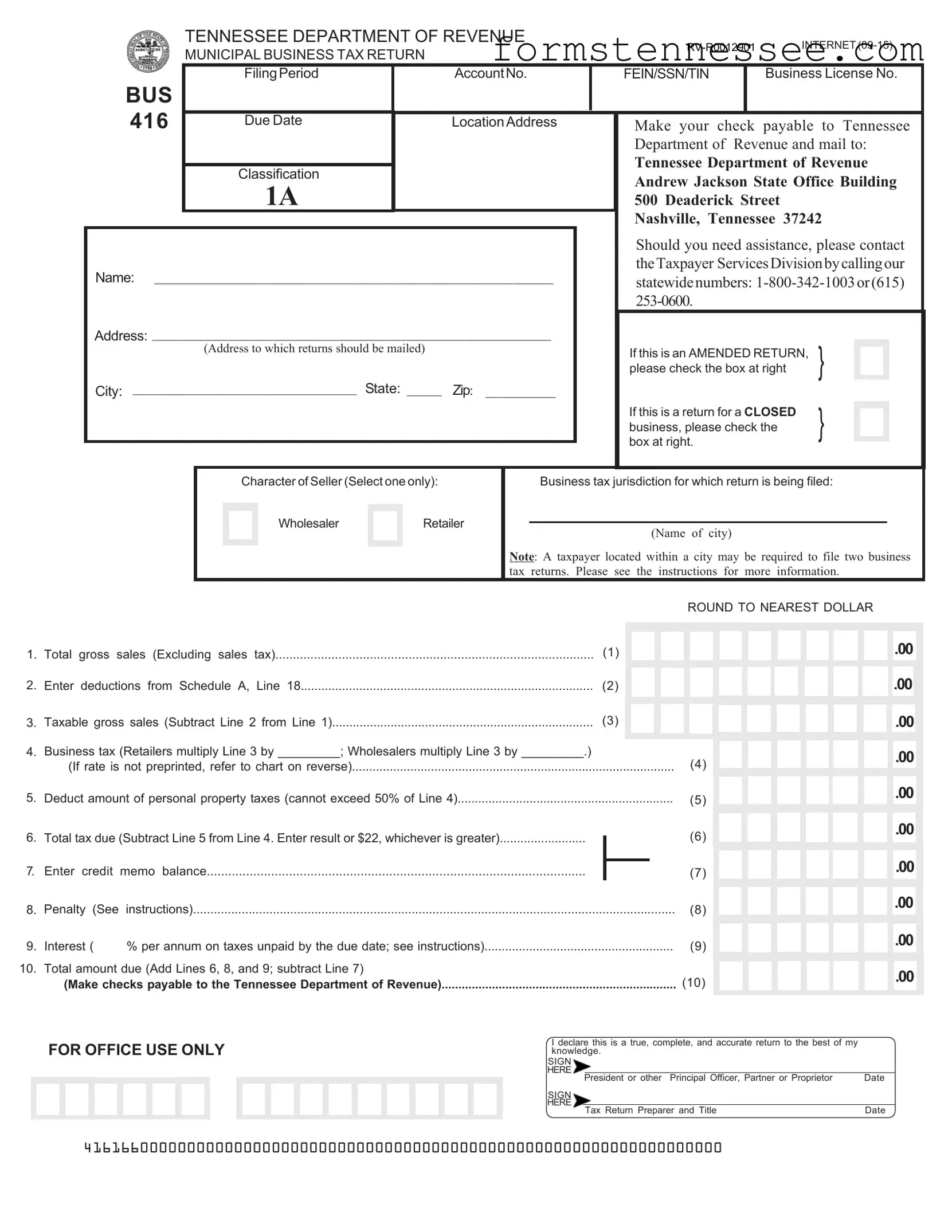 Blank Tennessee Bus 416 Template