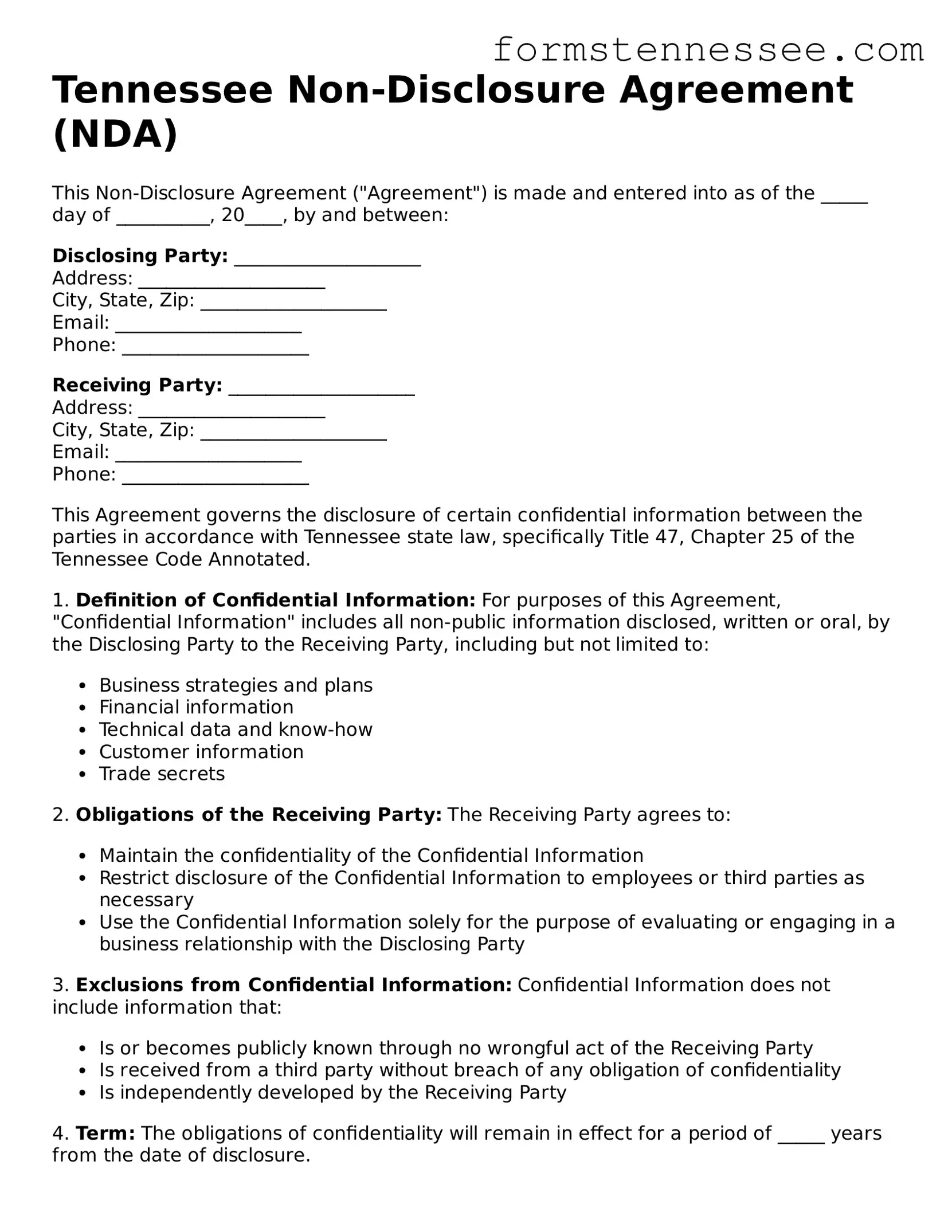 Legal Tennessee Non-disclosure Agreement Template