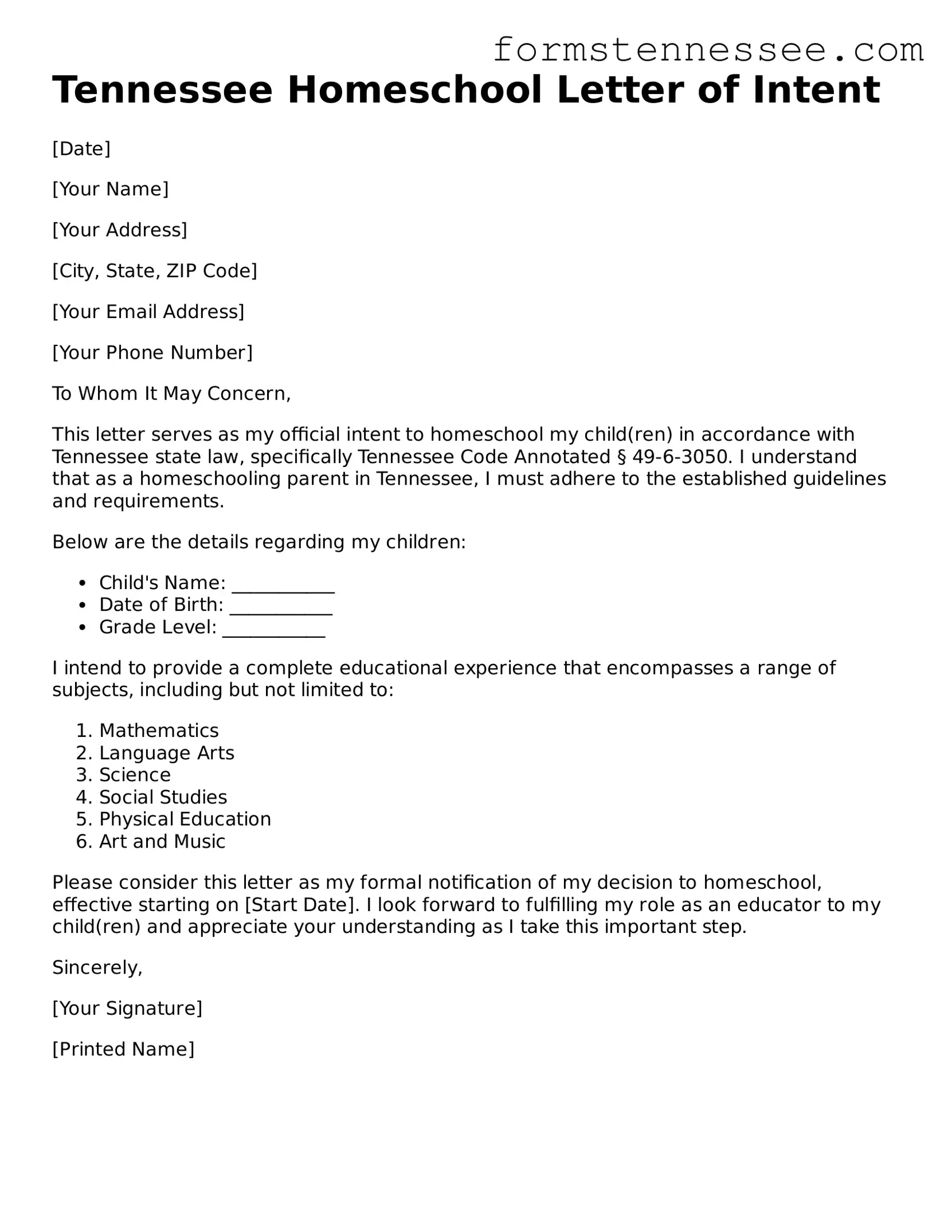Legal Tennessee Homeschool Letter of Intent Template