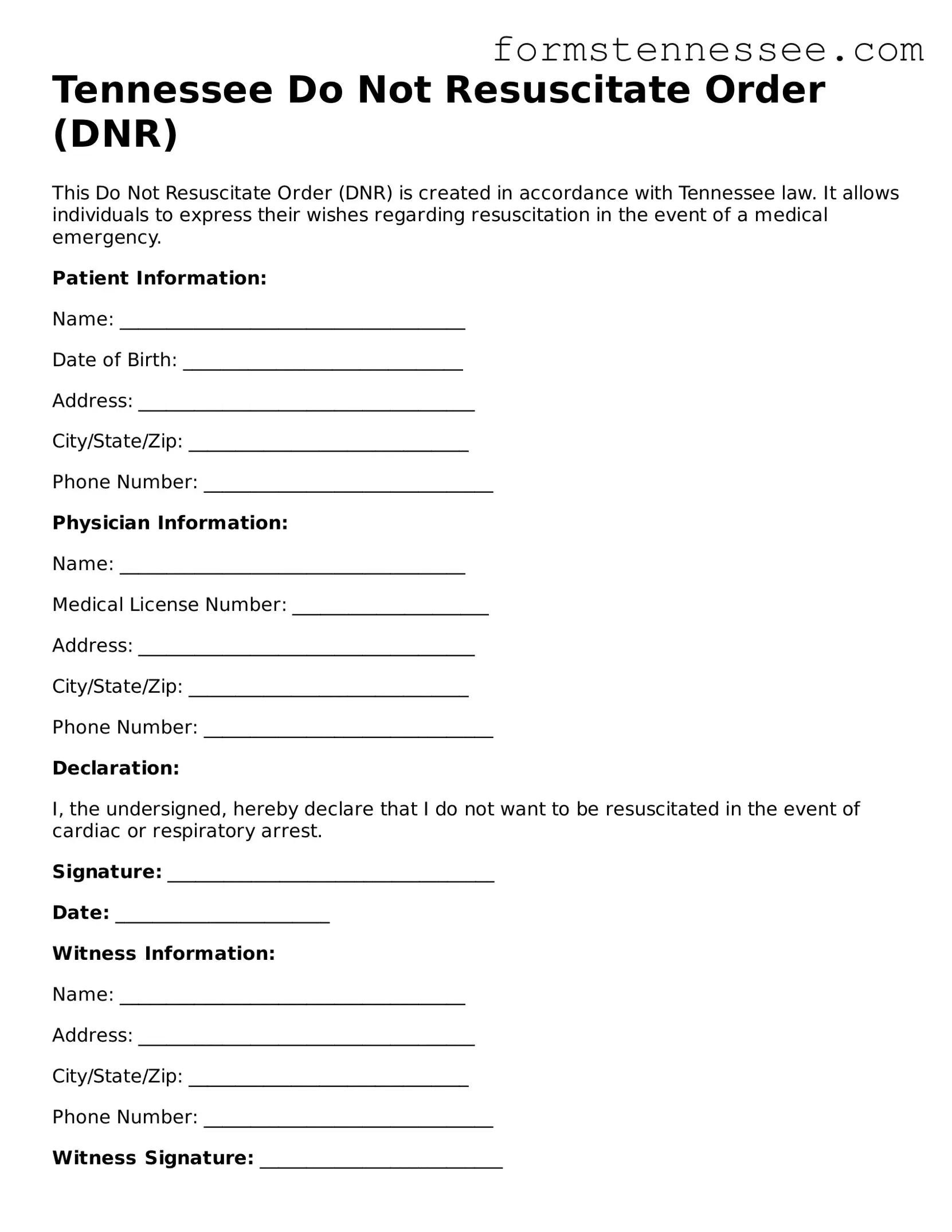 Legal Tennessee Do Not Resuscitate Order Template