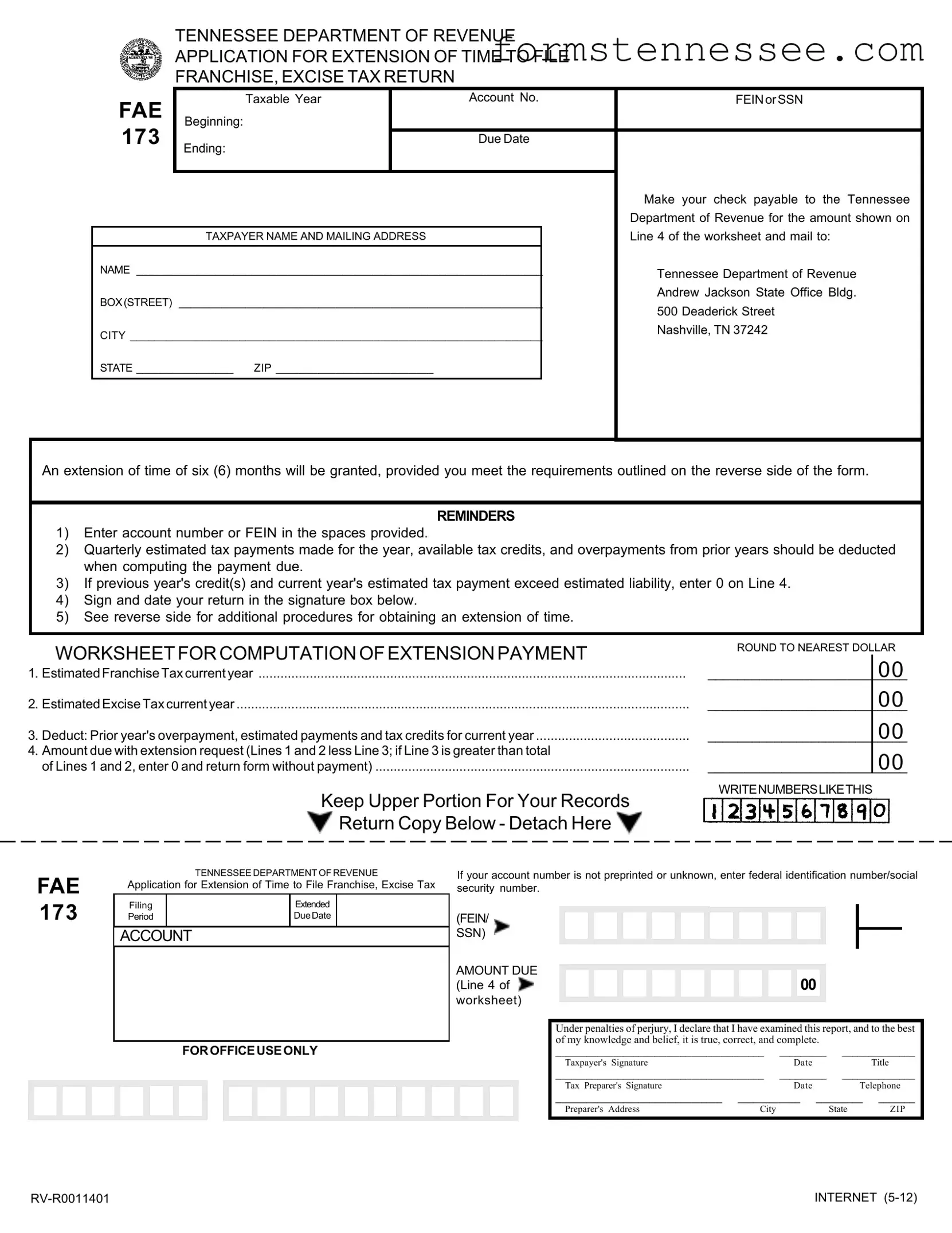 Blank Tennessee Fae 173 Template