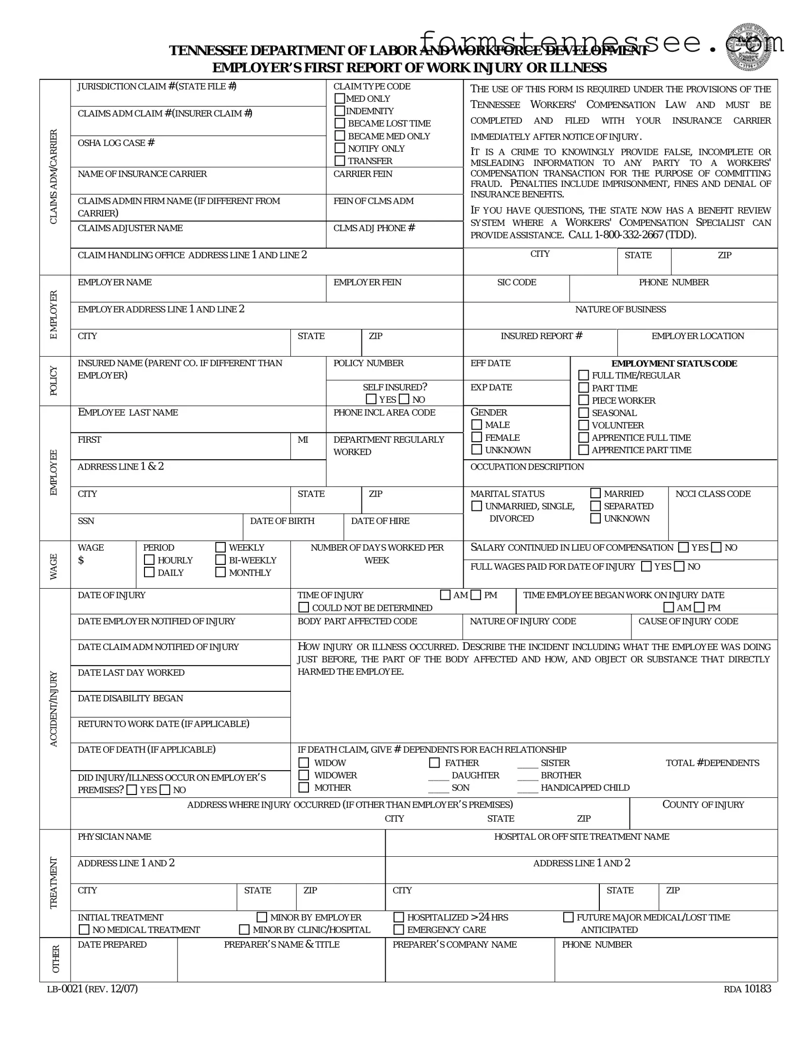 Blank Tennessee First Report Template