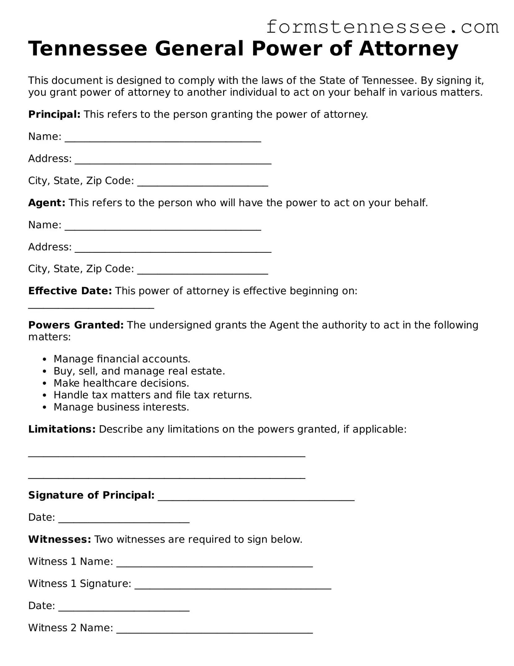Legal Tennessee General Power of Attorney Template