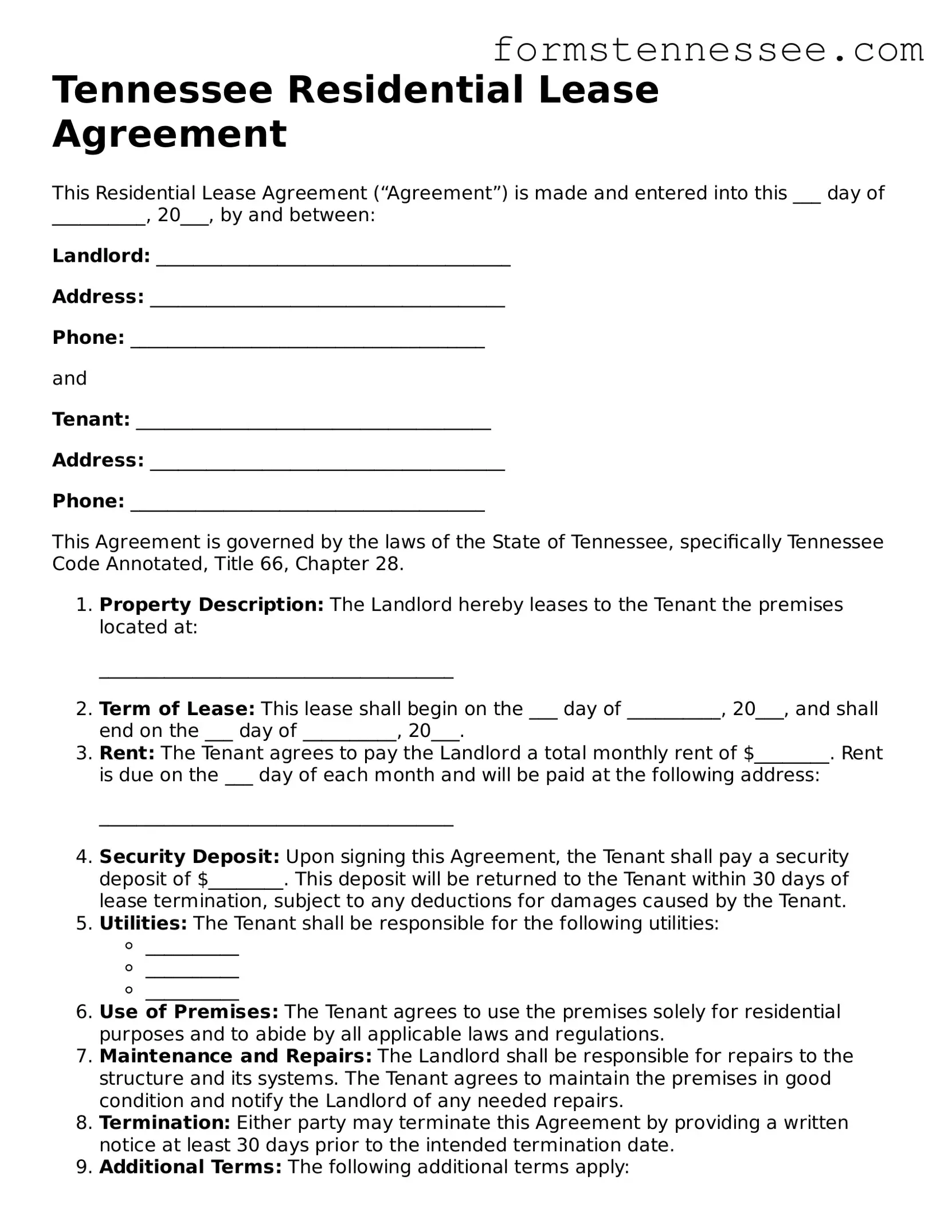 Legal Tennessee Residential Lease Agreement Template