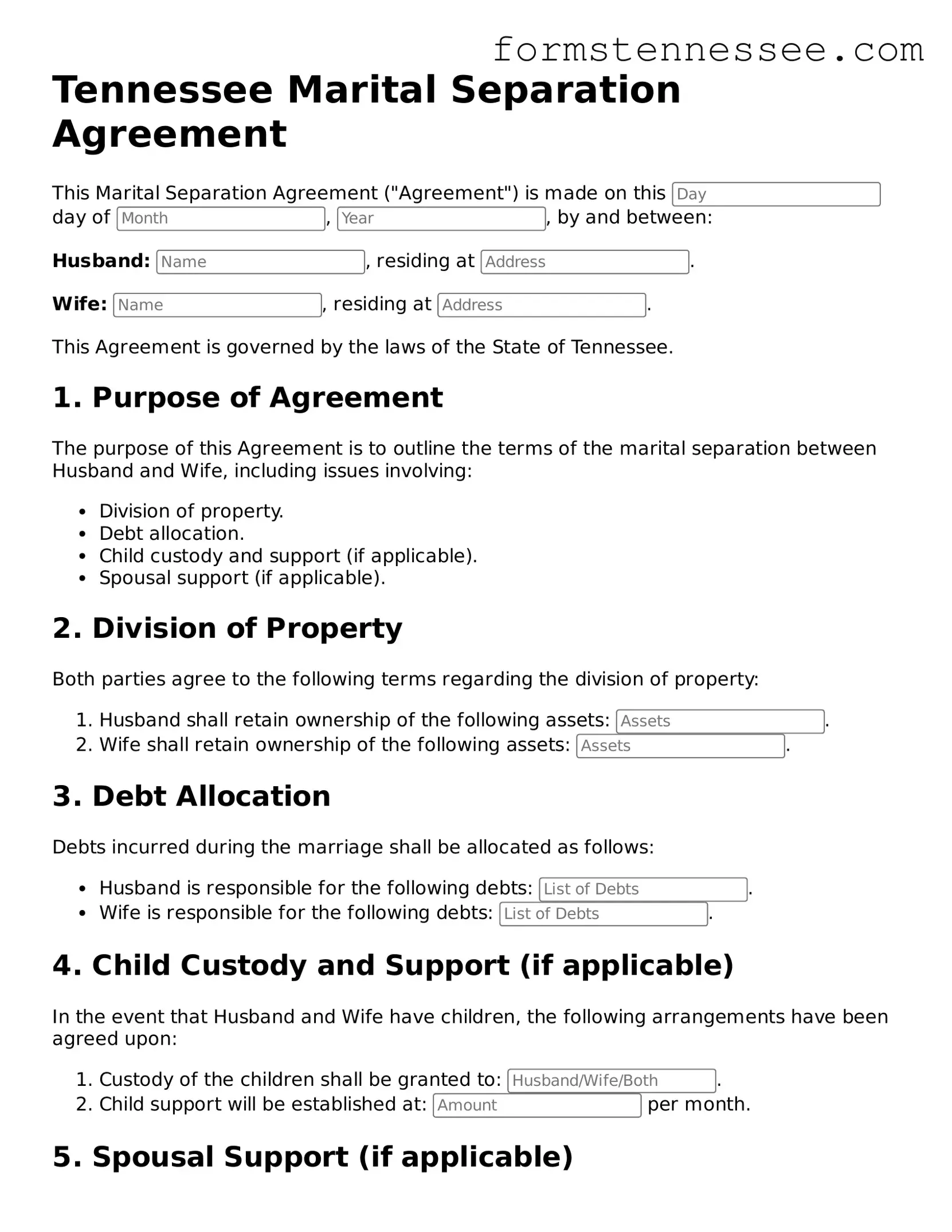Legal Tennessee Marital Separation Agreement Template