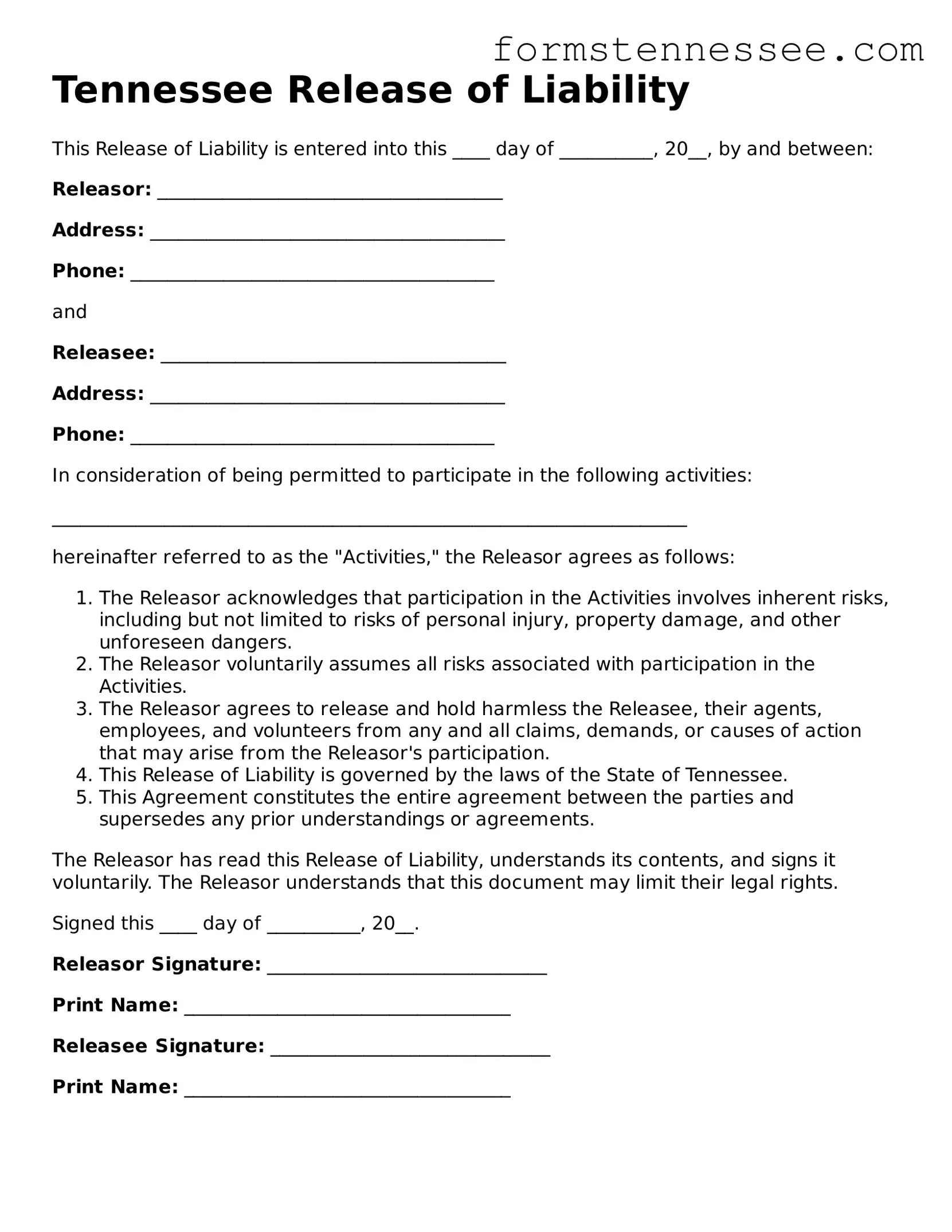 Legal Tennessee Release of Liability Template