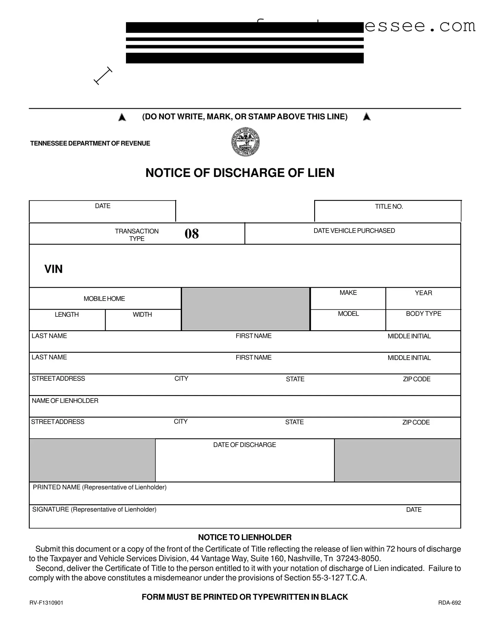 Blank Tennessee Lien Discharge Template