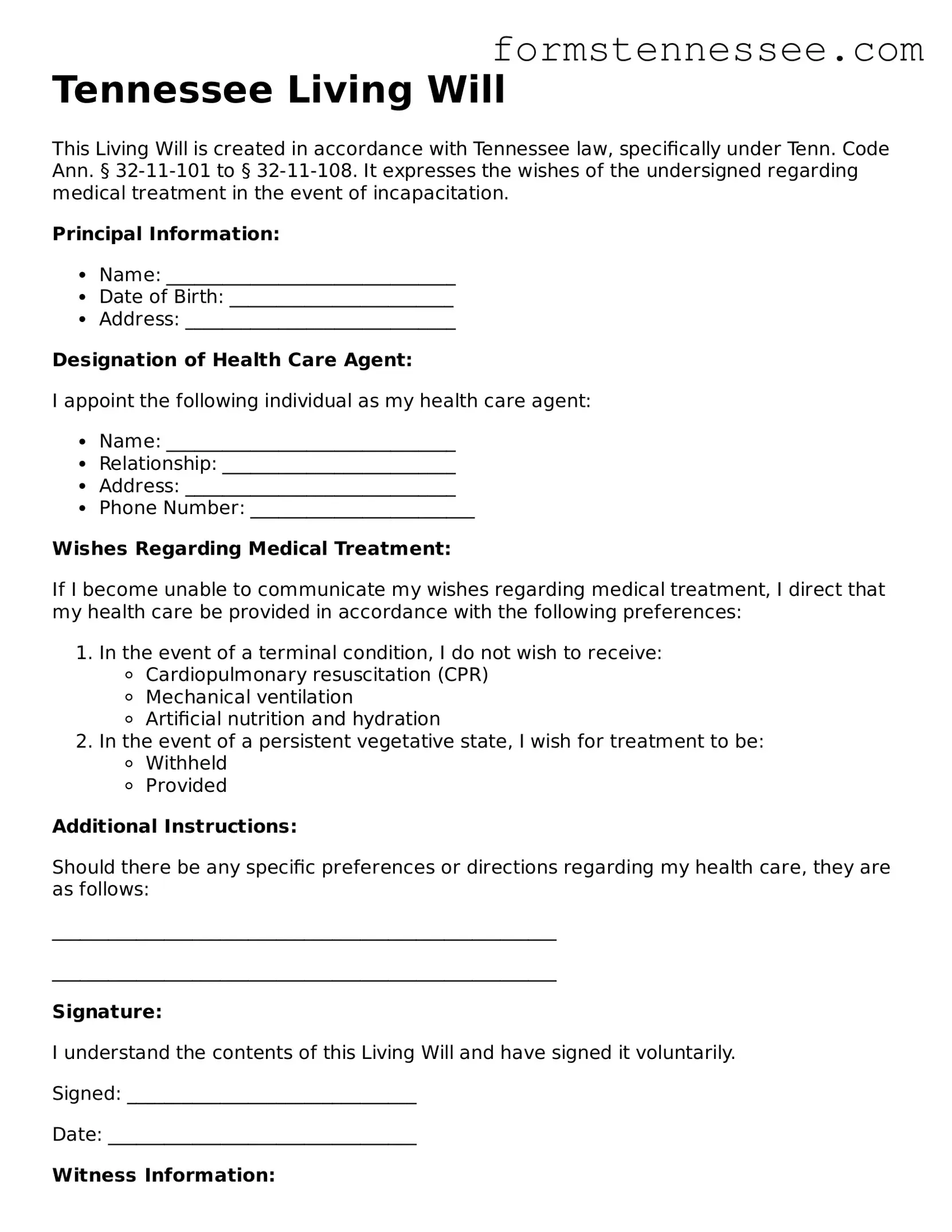 Free Tennessee Living Will Template Printable PDF Form Free Tennessee Living Will Template Printable PDF Form