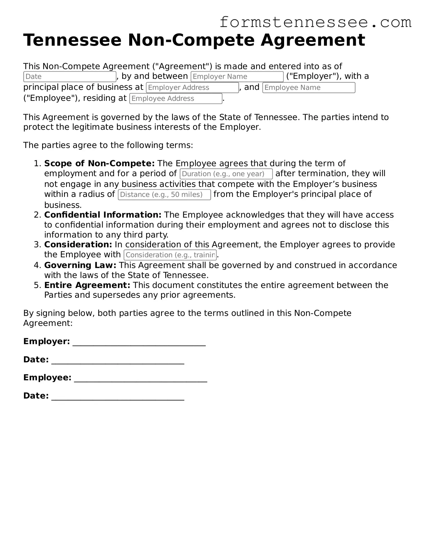 Legal Tennessee Non-compete Agreement Template