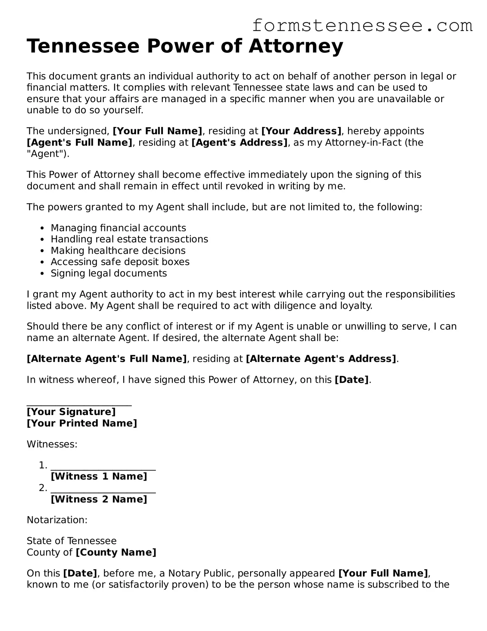 Legal Tennessee Power of Attorney Template