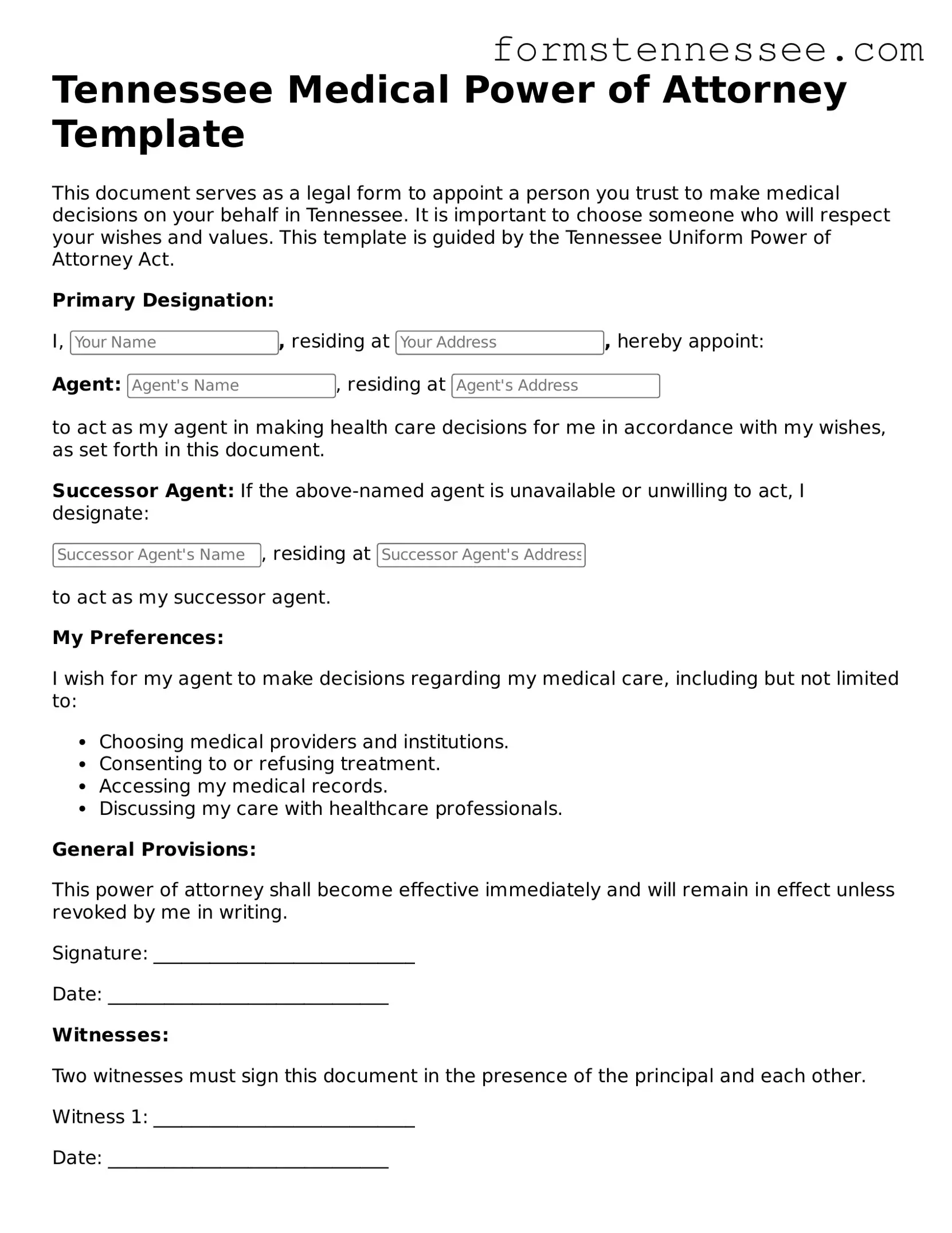 Legal Tennessee Medical Power of Attorney Template