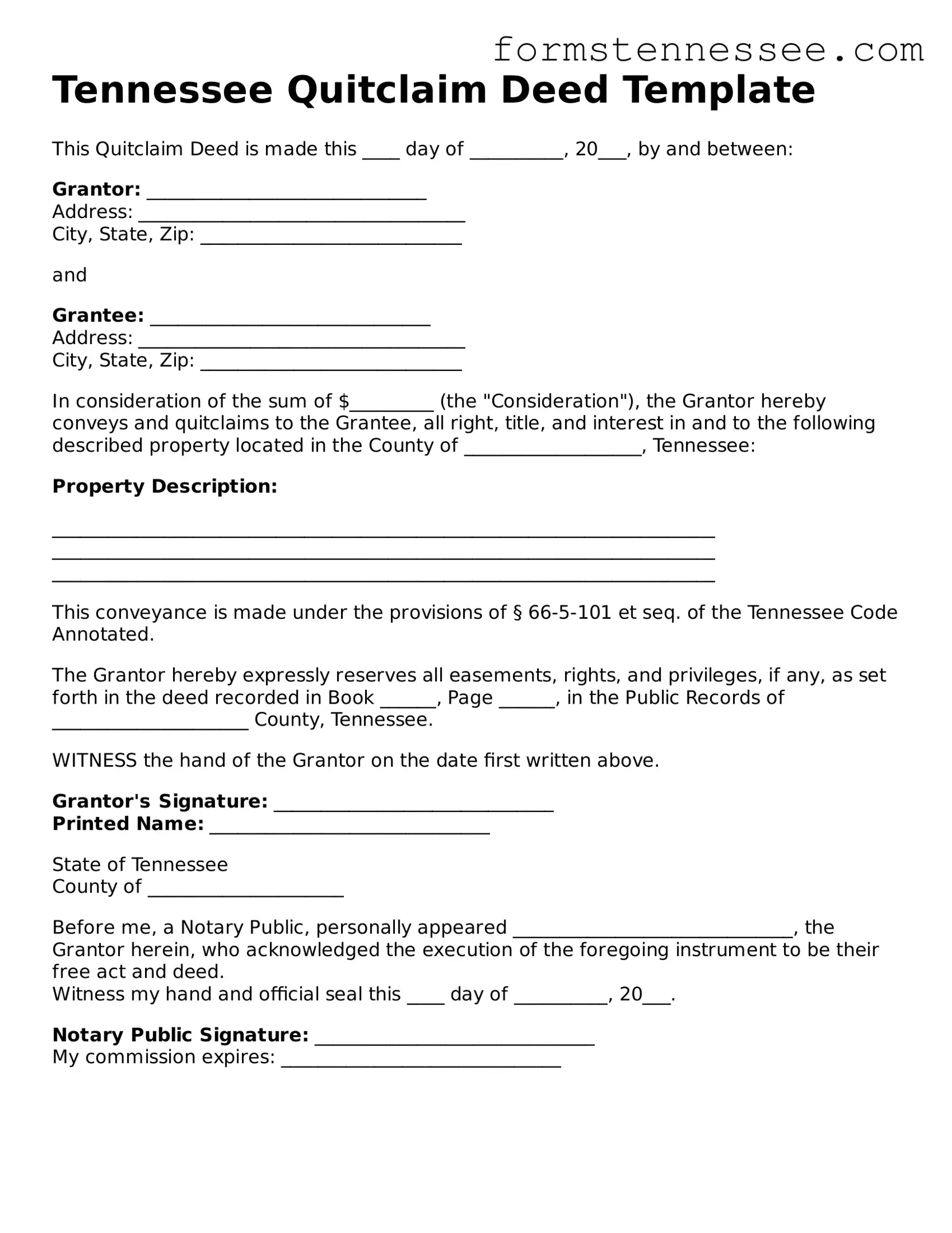 Legal Tennessee Quitclaim Deed Template