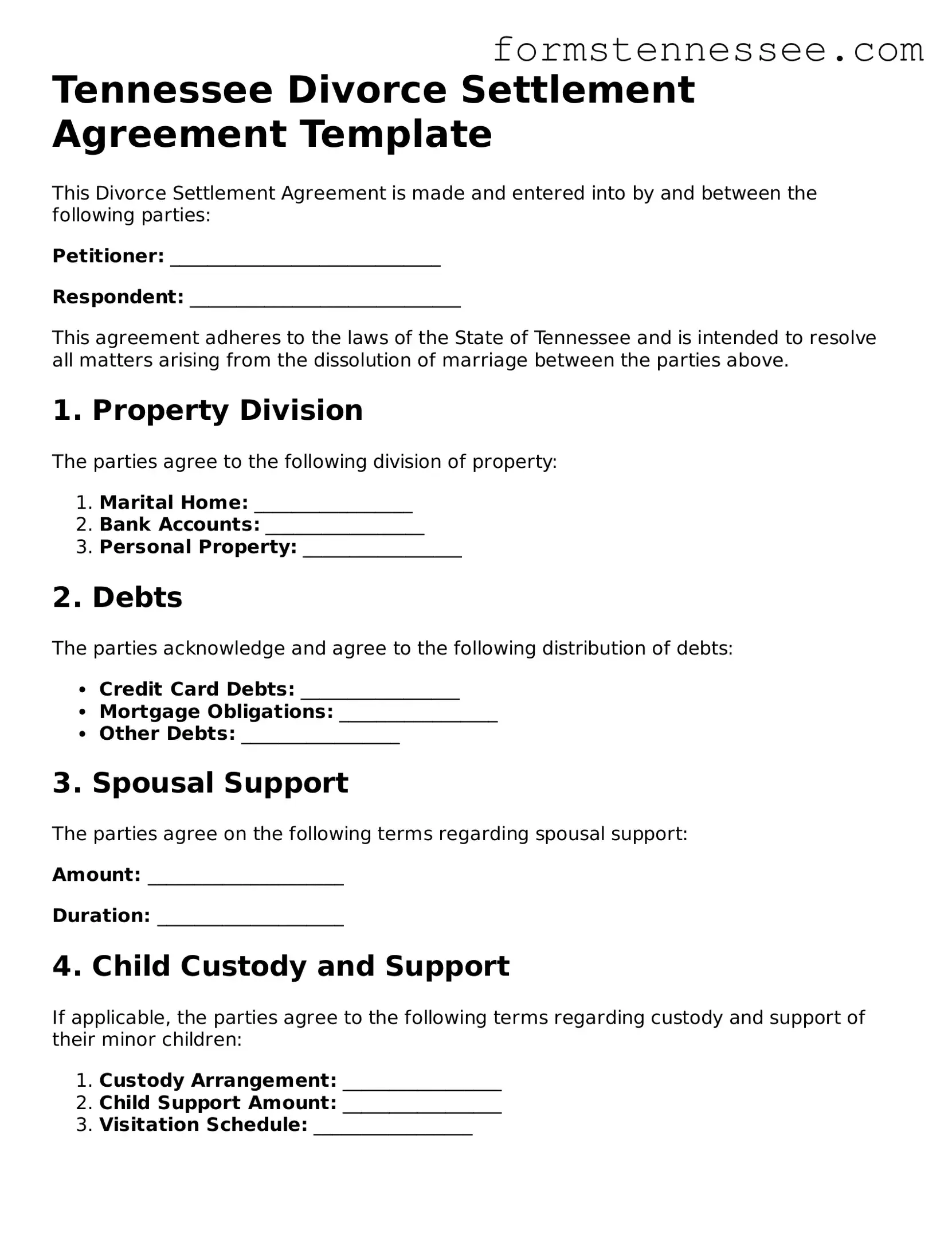 Legal Tennessee Divorce Settlement Agreement Template