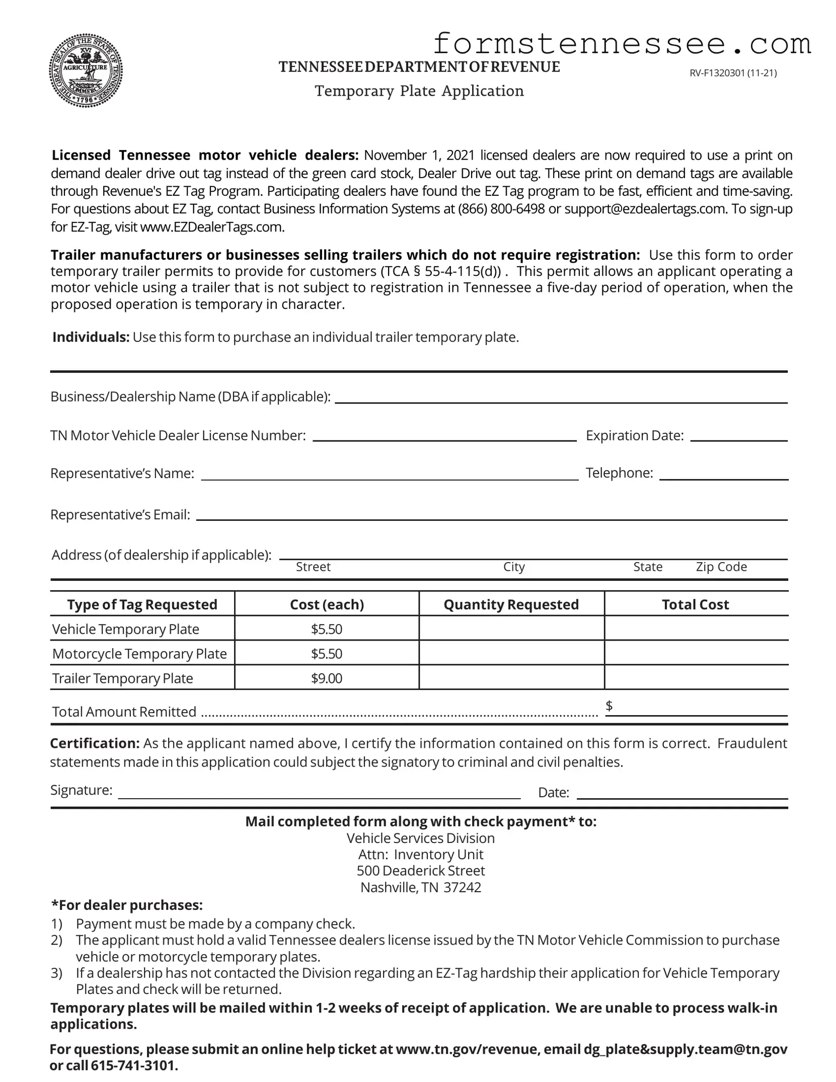 Blank Tennessee Temporary Plate Template