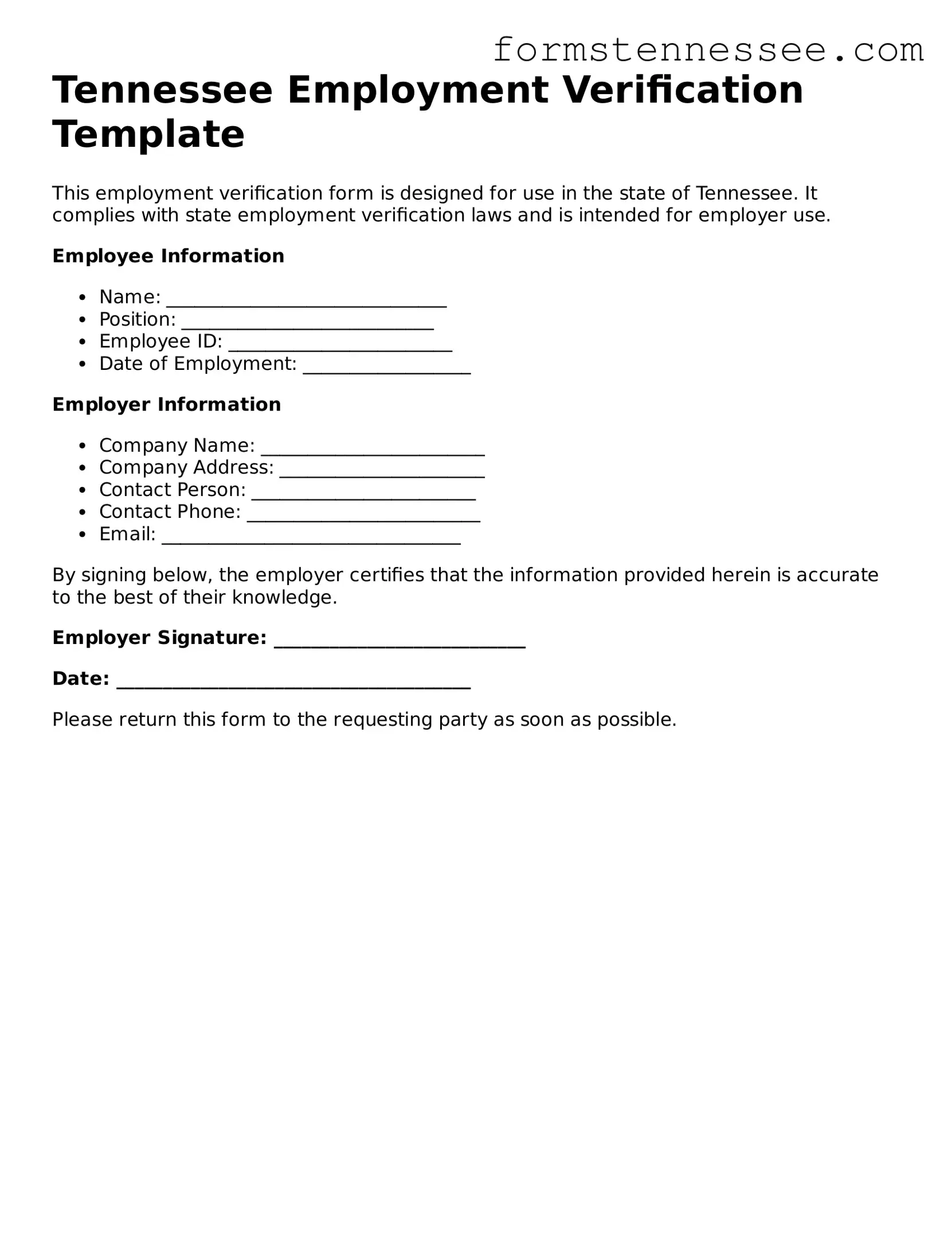 Legal Tennessee Employment Verification Template